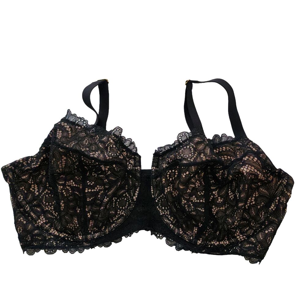Soma Balconette Bra 40DDD Unlined Black Lace Over Nude Mesh Underwire EUC